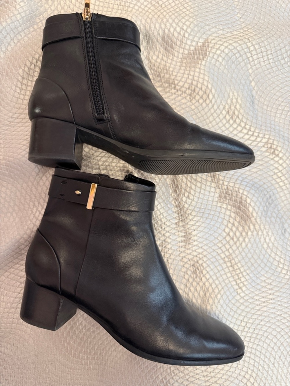 Essex Lane Black Leather Ankle Boots with Gold Buckle Accent